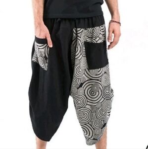 Harem Pants Adult Unisex Sz XS Baggy Wide Leg Cropped Black Patch Pockets